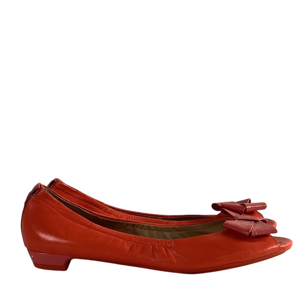 Isaac Mizrahi New York Orange Leather Peep Toe Bow Flats Shoes 9.5 ISBENTLEY